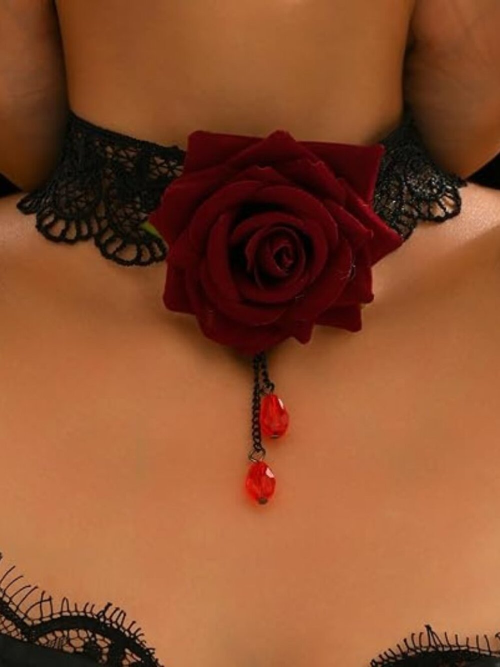 Gothic Black Lace Rose Choker Necklace – Vintage Victorian Goth Jewelry - Picture 6 of 7